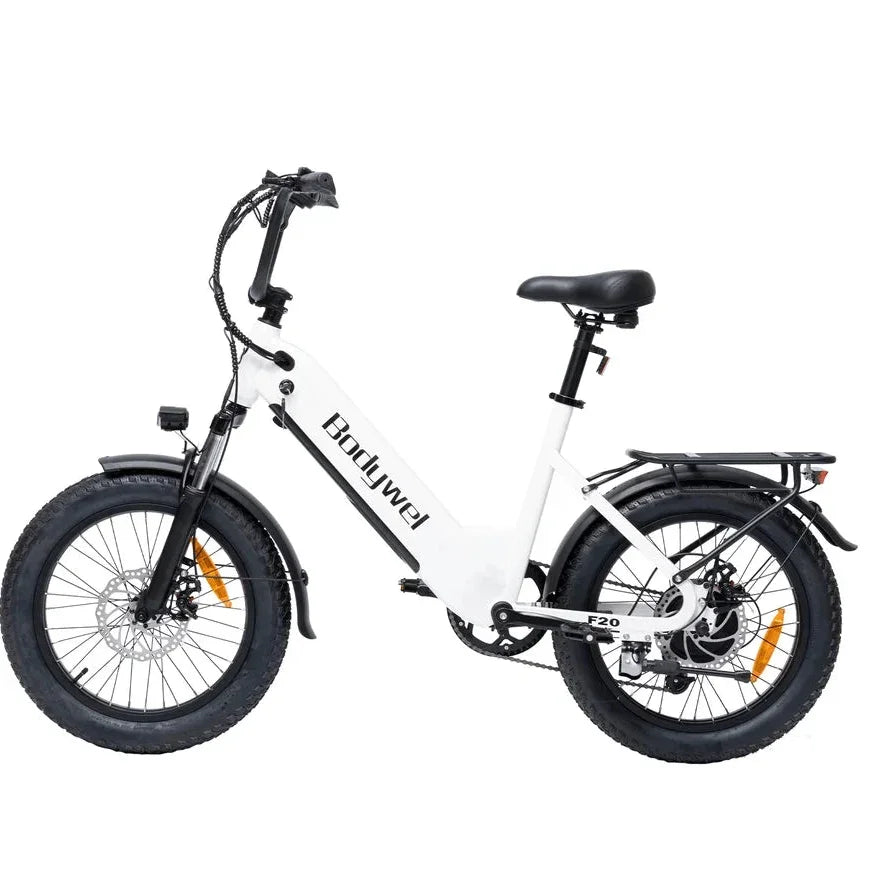 A white Bodywel F20 City electric fat tire bike with black components, a black saddle, and black fenders, shown from a side profile on a solid white background.