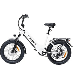 A white Bodywel F20 City electric fat tire bike with black components, a black saddle, and black fenders, shown from a side profile on a solid white background.