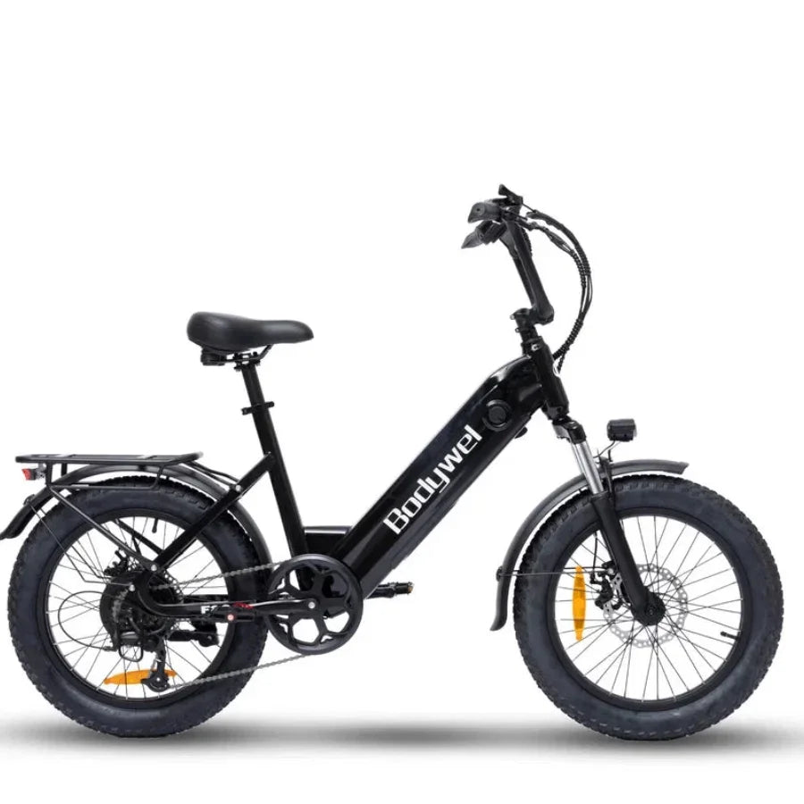A black Bodywel f20 electric fat-tire bicycle shown from a side profile view against a plain white background.