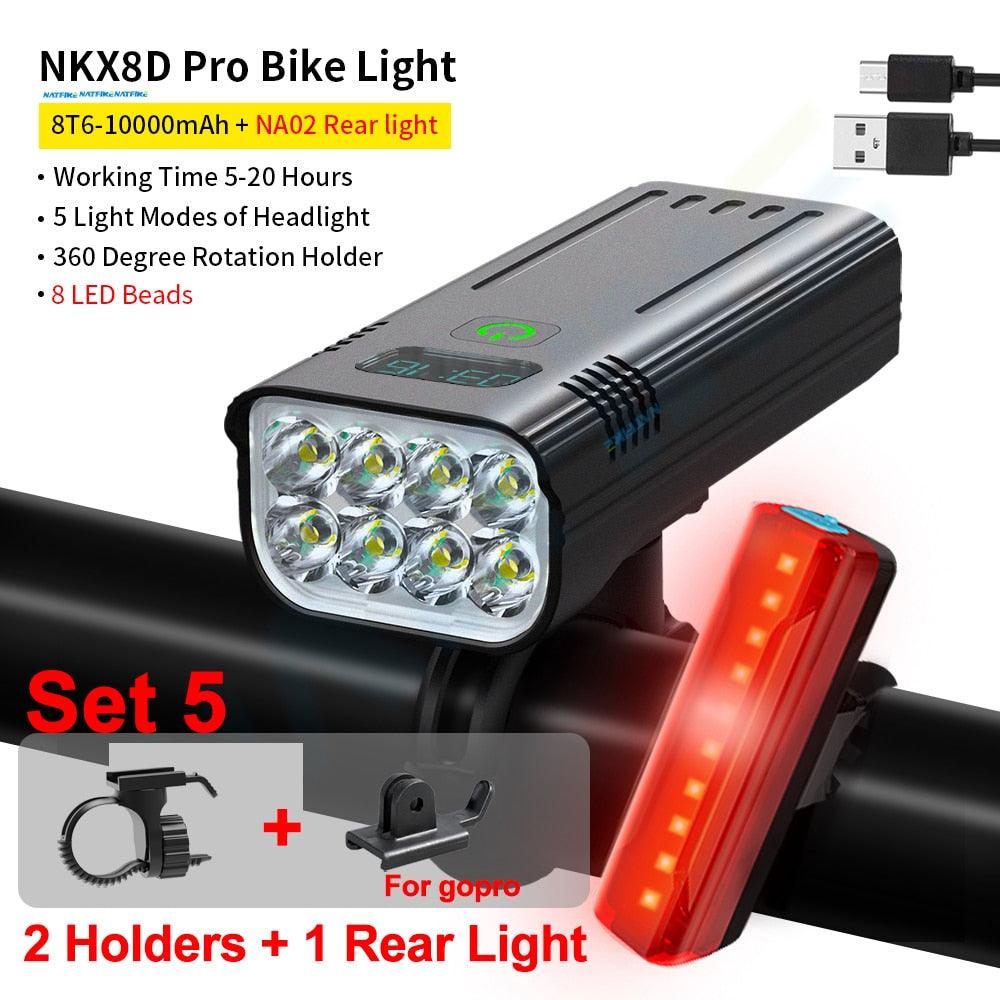 NATFIRE 10000mAh Bicycle Light Digital Battery Indicator USB Rechargeable Bike Light Set with 3 Holders 7000LM 8 LED Flashlight - Pogo Cycles